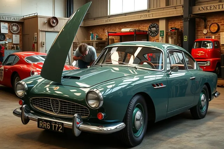 A vintage 1960s Alvis TF automobile with a classic curved windshield being carefully removed and replaced by a skilled mechanic in a period-appropriate workshop, showing the car's elegant body lines, chrome details, and the open hood with the R6 engine visible, all rendered in realistic, high-quality detail.