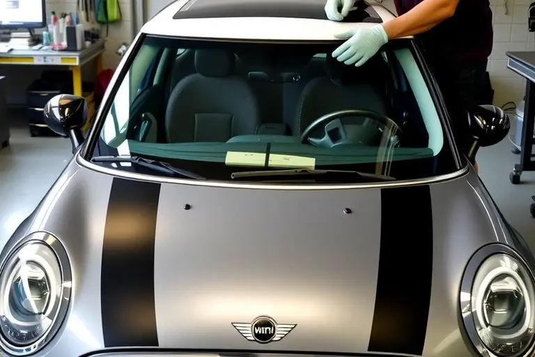 A close-up of a Mini Cooper 1.5 Turbo 2014 in a garage, with a mechanic's hands removing the old windshield and installing a new one. The scene shows the car's front, the windshield, a workbench, tools, and a clear view of the replacement process. No text or lettering in the image.