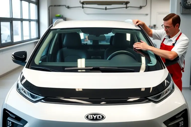 A BYD Tang EV (2018 model) in a modern garage, with a professional mechanic carefully removing the old windshield and installing a new one. The scene shows the car's front view, the windshield frame, tools like suction cups and a glass handling pad, and a clean, well-lit environment. Emphasize the detailed glass surface and the precise work of the replacement process.