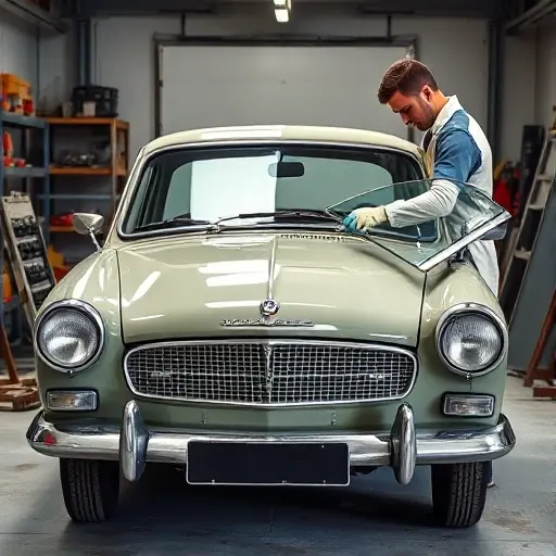A Wartburg 1.3 car in a workshop with its front windshield being removed and a new windshield being installed, a mechanic wearing a protective apron and gloves handling the glass, tools and a clean garage environment, focus on the car and the glass replacement process