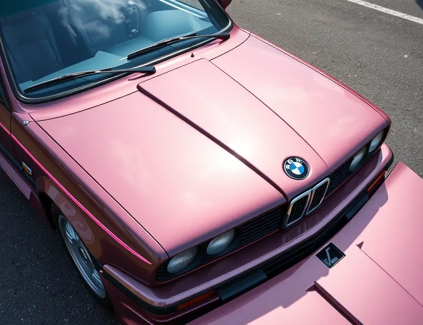 A high-quality image depicting a BMW M3 (E30) with a replaced windshield. The windshield is clear and new, seamlessly integrated with the car's body. The car is parked outdoors on a clean asphalt surface. Focus on the detail of the windshield replacement and the overall aesthetic of the car.
