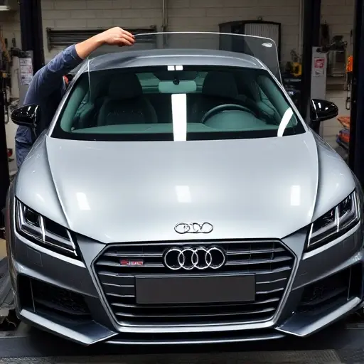 An automotive workshop scene showing a mechanic replacing the windshield of an Audi TTS 2.0 TFSI 310 hp. The car is on a lift, the old windshield is removed, a new clear glass panel is being fitted. The focus is on the precision of the replacement, with tools and the Audi's distinctive front design visible.