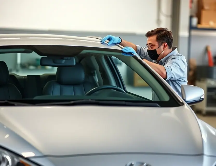 A professional mechanic replacing the windshield of a Hyundai Elantra. The car is parked in a well-lit garage or service bay. The mechanic is using appropriate tools and safety equipment, such as gloves and goggles. The new windshield is being carefully positioned and secured. The scene should convey precision and attention to detail.