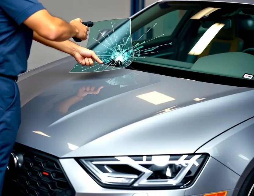 A high-quality image of an Audi RS7 car with a cracked front windshield being replaced by a professional technician, showing the new glass being installed, realistic lighting, detailed car exterior, no text or numbers on the image