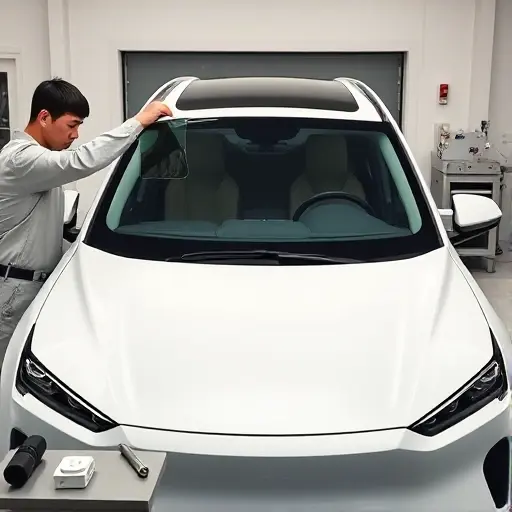 A realistic scene of a modern electric SUV, the Xiaomi SU7, parked in a clean garage. A technician in a neutral work uniform is carefully removing the old windshield and holding a new, sleek windshield ready for installation. The focus is on the car's front, showing the open frame where the glass fits, with tools like suction cups and a torque wrench visible on a nearby workbench. The lighting is bright and even, highlighting the vehicle's smooth lines and the precision of the replacement process. No text, logos, or branding should appear in the image.