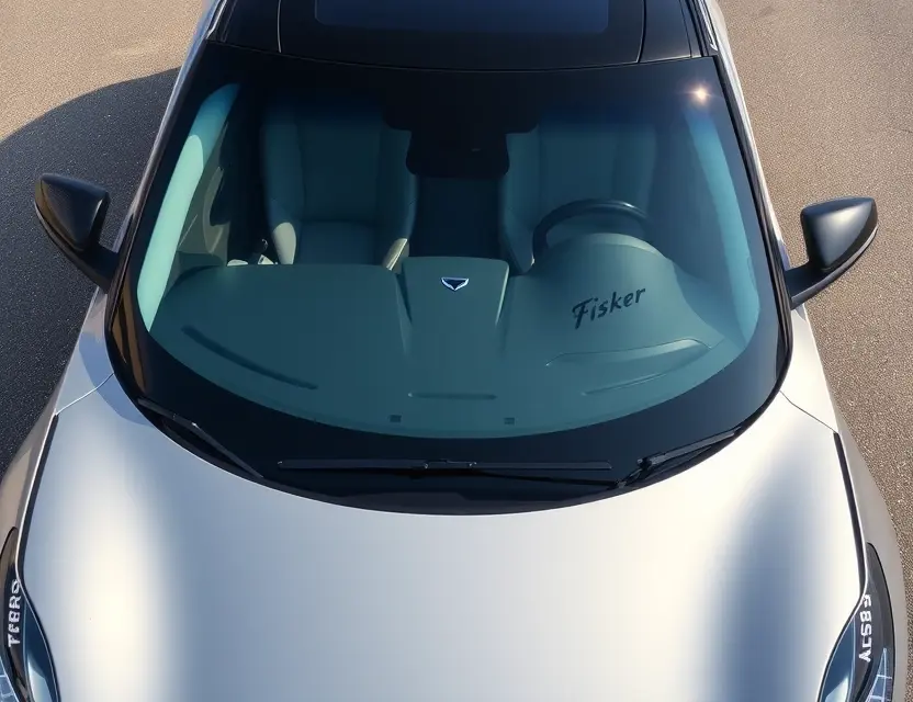 A Fisker Ocean with a replaced windshield, showcasing the new glass. The car is parked on a clean, bright asphalt surface. Focus on the clarity and quality of the replacement windshield.