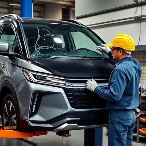 A realistic workshop scene showing a mechanic replacing the windshield of a 2020 Beijing X7 1.5L Turbo 188hp SUV. The car is on a hydraulic lift, the old cracked windshield is removed, a new clear glass panel is being fitted. The mechanic wears a safety helmet, gloves, and uses a suction cup tool. The background shows a garage with tools and a workbench. No text or lettering in the image.