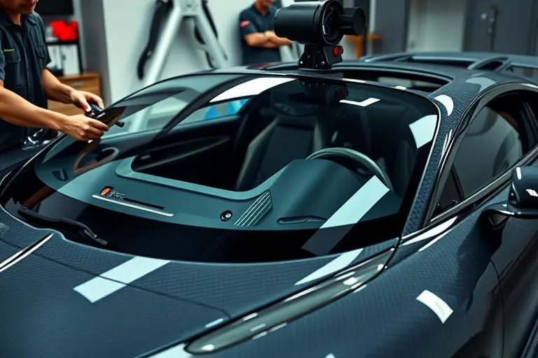 A high‑detail scene of a luxury sports car resembling a Bugatti Centodieci in a modern garage, with a professional mechanic carefully removing the old windshield and installing a new one. The focus is on the sleek carbon‑fiber body, the large curved windshield, and the precise tools (suction cups, wrenches) being used. The lighting highlights the car's glossy paint and the reflective glass, emphasizing the craftsmanship of the replacement process. No text, logos, or numbers are visible.