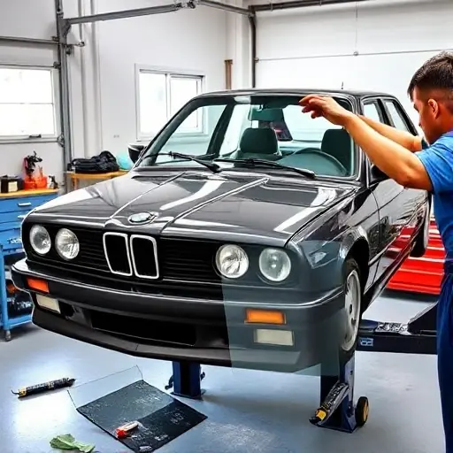 A detailed workshop scene showing a mechanic carefully removing and installing a new windshield on a BMW M3 E30 (1988-1990). The car is positioned on a lift, with the old glass partially removed, a new clear glass panel in hand, and tools like a suction cup, a glass cutter, and a cleaning kit visible. The background shows a clean garage with a workbench, a toolbox, and a window with natural light. The focus is on the precision of the replacement, the clarity of the glass, and the classic design of the BMW M3 E30.