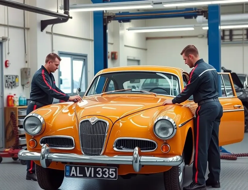 A professional automotive service center showing the replacement of a windshield on an Alvis TE classic car, with technicians in uniform working carefully using specialized tools, clean and well-lit garage environment, no text or logos visible