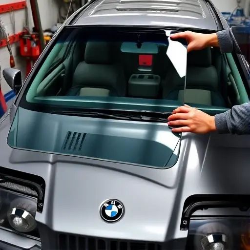 A realistic, high-resolution close-up of a BMW 8er E31 (1993-1999) with its windshield removed, showing the interior of the windshield frame and the mechanic’s hands holding a new windshield in place. The scene includes the car’s front bumper and hood, a workshop setting with tools, and the new glass being positioned. The focus is on the precision of the replacement process, with clear detail on the car and mechanic’s work, no text or logos.