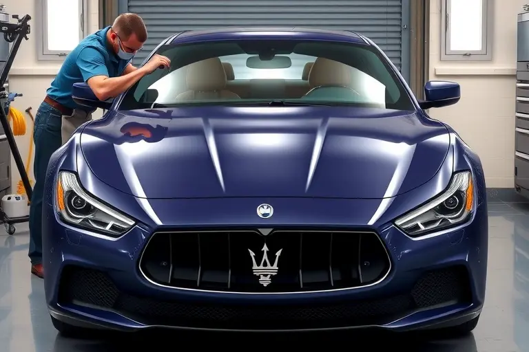 A realistic, high-resolution illustration of a professional mechanic replacing the windshield of a Maserati Ghibli 3.0 V6 Twin Turbo 430 hp. The scene shows the old cracked windshield being removed, the car's front frame cleaned, adhesive applied, and the new clear windshield being carefully fitted and sealed. The focus is on the precision of the replacement, the sleek lines of the Maserati, and the tools used. The garage environment is clean and well-lit. No text or lettering should appear in the image.
