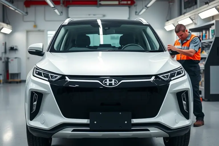 A modern BYD Song EV electric SUV parked in a clean auto repair workshop, with a professional mechanic in safety gear carefully removing the old windshield and installing a new transparent windshield. The focus is on the car's front view, the windshield area, and the tools used for the replacement, showing a realistic and detailed scene of a windshield replacement process.