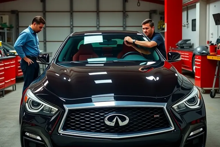 A mechanic in a garage replacing the windshield of a sleek black Infiniti Q50 Red Sport 3.0 V6 Twin Turbo, with the car's hood open and the new glass panel being installed, tools and a workbench visible, bright lighting, focus on the car's front and the replacement process