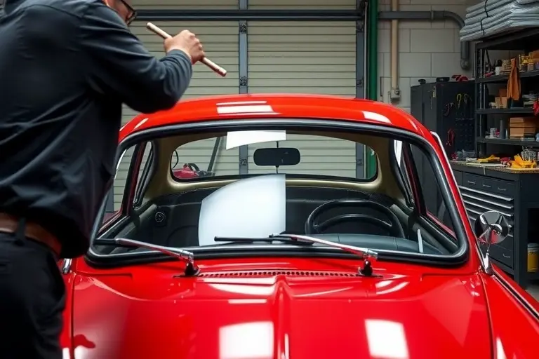 A detailed workshop scene showing a mechanic carefully removing the old windshield from an NSU Ro 80 car and installing a new one. The car’s front is visible with the windshield frame exposed, and the mechanic uses specialized tools. The background features a clean garage with a workbench and tools. The focus is on the windshield replacement process, highlighting the car’s unique two‑rotor Vankel engine visible through the frame.
