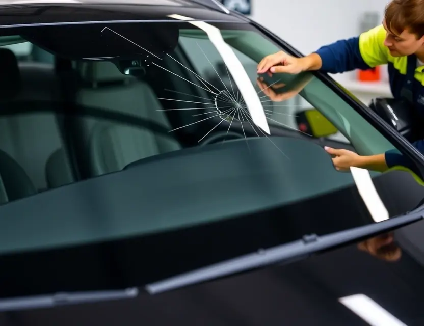 A Lexus NX with a cracked windshield undergoing a windshield replacement. The replacement windshield is being installed by a technician. Focus on the process and the vehicle.