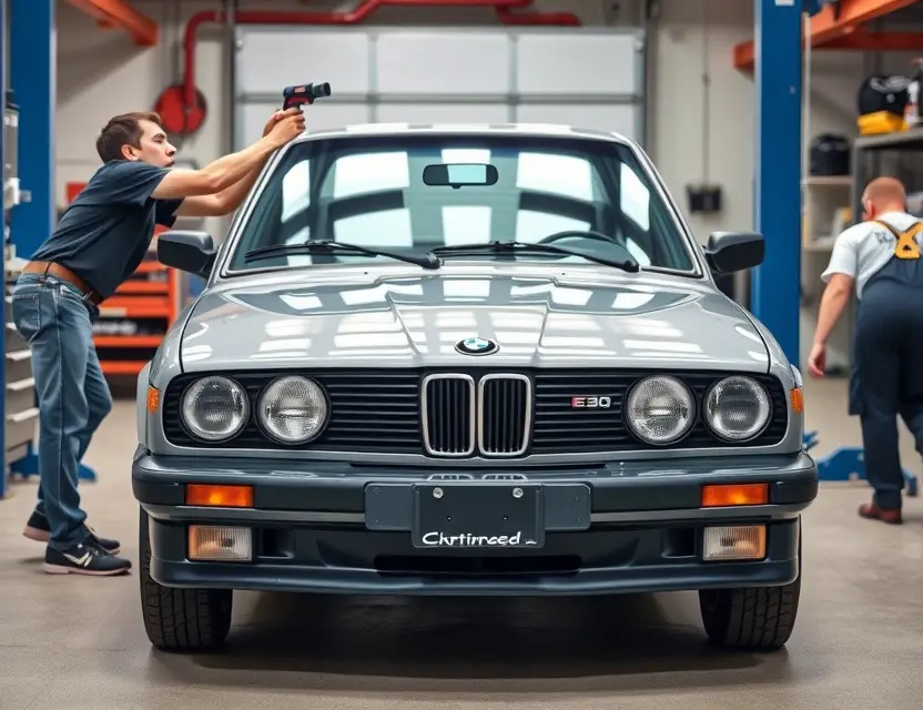 A high-quality, realistic photo of a classic BMW 3 Series E30 sedan in a professional auto body shop, showing the front windshield being carefully removed or installed by a technician using specialized tools. The car is clean and well-lit, highlighting the iconic boxy design of the E30 generation. The background features organized workshop equipment and safety gear, with no visible text or logos on the vehicle or surroundings.