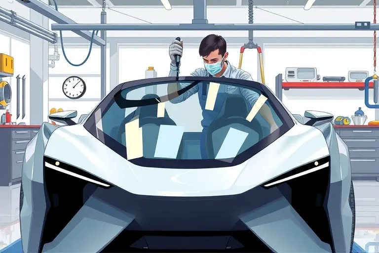 A detailed illustration of a mechanic replacing the windshield of a futuristic electric car, the IM Motors L7, in a modern garage. The car has a sleek, aerodynamic body with a large, clear glass windshield. The mechanic is wearing protective gloves and a face mask, using a specialized tool to carefully remove the old glass and install a new one. The garage is well-lit, featuring a workbench, a hydraulic lift, and various automotive tools. The scene emphasizes precision, cleanliness, and advanced automotive technology.
