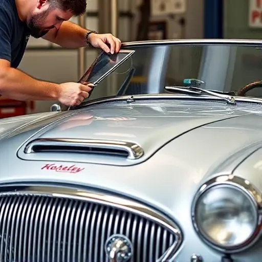 Замена лобового стекла Austin-Healey A close-up of a vintage Austin-Healey car with its windshield being replaced, showing a mechanic carefully installing a new windshield using suction cups and tools, with the classic British sports car's chrome grille and round headlights visible in the background, soft daylight, realistic details, no text or signs