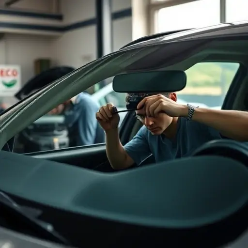 A close-up of a car windshield being replaced in a Berkeley auto repair shop, showing a technician carefully installing a new windshield with precision tools, soft natural lighting, modern garage background with subtle Berkeley city elements like distant hills or eco-friendly signage, realistic details, no text or logos visible