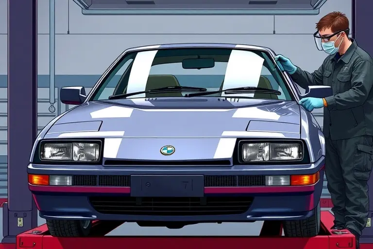 A realistic illustration of a 1991 Alpine A610 3.0 V6 Turbo on a service lift with its front windshield being replaced. The old windshield is removed, a new windshield is positioned, and a professional mechanic wearing safety gloves and a visor uses suction cups and tools to install it. The scene shows the car's sleek body, detailed glass, and workshop lighting.