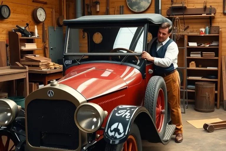 A vintage 1920s Argyll automobile with a classic curved windshield being carefully removed and replaced by a mechanic in period-appropriate workwear, set in an early 20th‑century workshop with wooden tools and a rustic atmosphere, focusing on the car and the glass replacement process, no modern elements