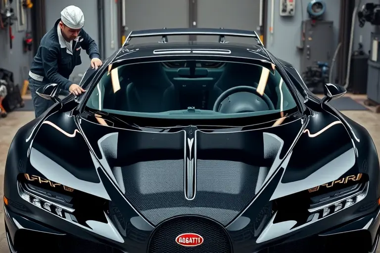 A high‑detail, realistic scene of a Bugatti EB110 sports car in a professional garage, focusing on the front of the vehicle where the windshield is being replaced. Show a skilled mechanic in clean workwear using specialized tools to remove the old windshield and position a new, crystal‑clear glass pane. Emphasize the sleek lines of the car, the glossy black paint, and the intricate carbon‑fiber details, with the garage lighting highlighting the precision of the replacement process. The background should be a tidy workshop with subtle equipment, but the main attention stays on the car and the windshield work.