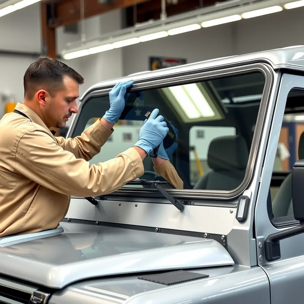 A professional mechanic in a clean workshop wearing blue gloves carefully installing a new windshield into a silver Land Rover Defender. The vehicle is partially disassembled around the window frame. High quality, detailed, realistic.