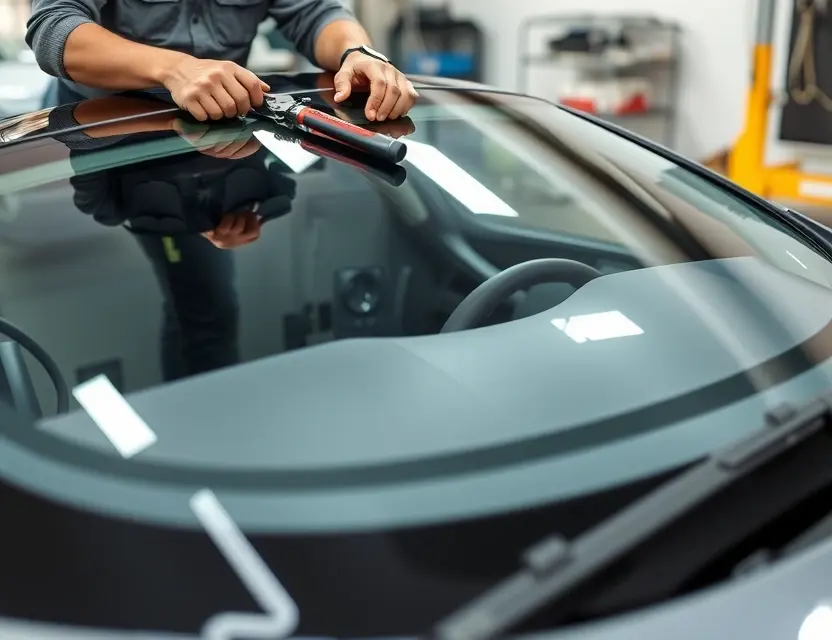 A close-up shot of an Invicta S1 car windshield being replaced by a technician. The focus is on the replacement process, showing tools and the new windshield. The car is parked in a garage or workshop setting.