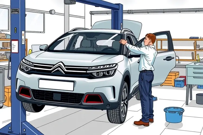 A detailed illustration of a mechanic replacing the windshield of a 2020 Citroën C4 1.2 PureTech 130 hp. The scene shows the car on a lift, the old windshield removed, a new windshield being fitted, tools and a workbench in a clean garage setting.