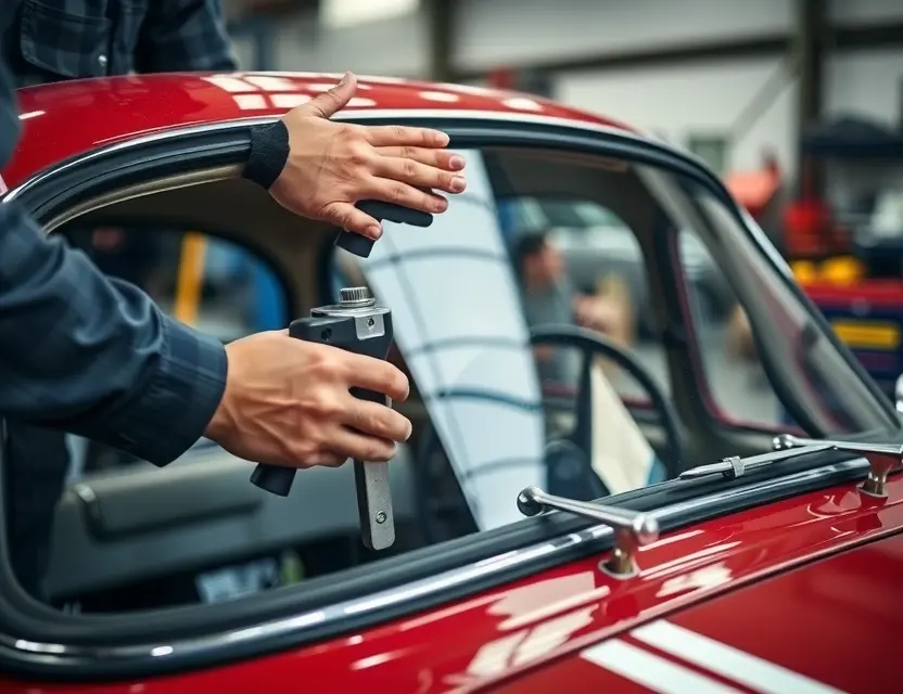 A close-up shot of a mechanic working on a Panhard-Levassor car windshield replacement. The focus is on the hands of the mechanic using tools to remove the old windshield and install the new one. The background should be a workshop setting with automotive tools and equipment.
