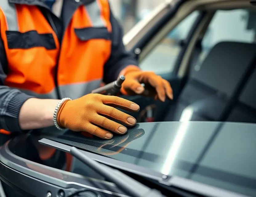 A close-up shot of a Rover 75 windshield being replaced by a mechanic. The mechanic is wearing gloves and a safety vest. The windshield replacement process is visible, showing the old windshield being removed and the new one being installed. Focus on the hands and the tools involved.
