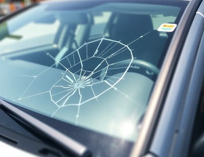 A close-up shot of a Dodge Caliber with a cracked windshield, showing the area where the windshield needs replacement. The vehicle is parked outdoors on a sunny day. Focus on the damaged windshield area.