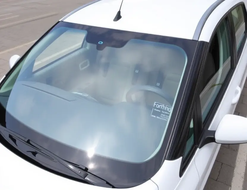 A Forthing T5 Evo car with a replaced windshield, showcasing the new glass. The car is parked on a clean, well-lit surface. Focus on the clarity and quality of the replacement windshield.