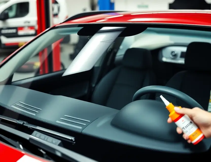 A Premier Automobiles Limited vehicle with a newly installed windshield. The car is parked in a professional auto repair shop. Focus on the windshield installation process, showing the clean, clear glass and the surrounding frame. Include tools like suction cups and sealant.