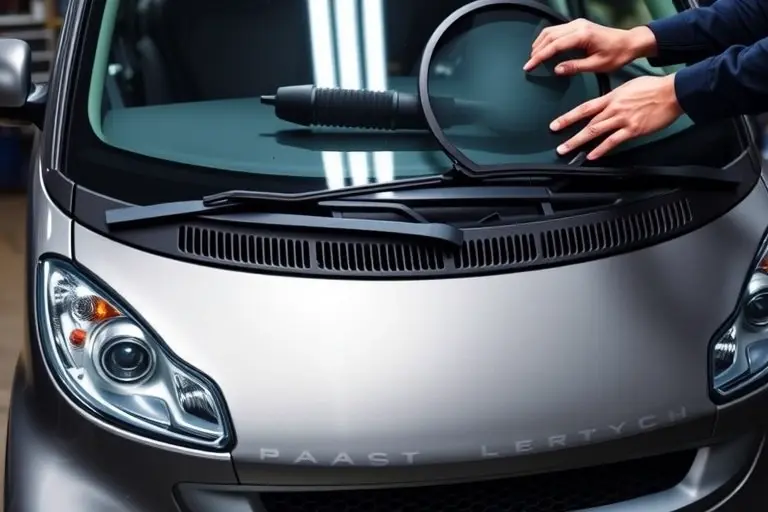 A detailed close-up of a Smart #1 Brabus electric car with a new windshield being installed. The scene shows the car's front, the replacement glass, and a mechanic's hands holding tools, all in a workshop setting. The focus is on the precision of the glass fitting and the sleek design of the Smart car.