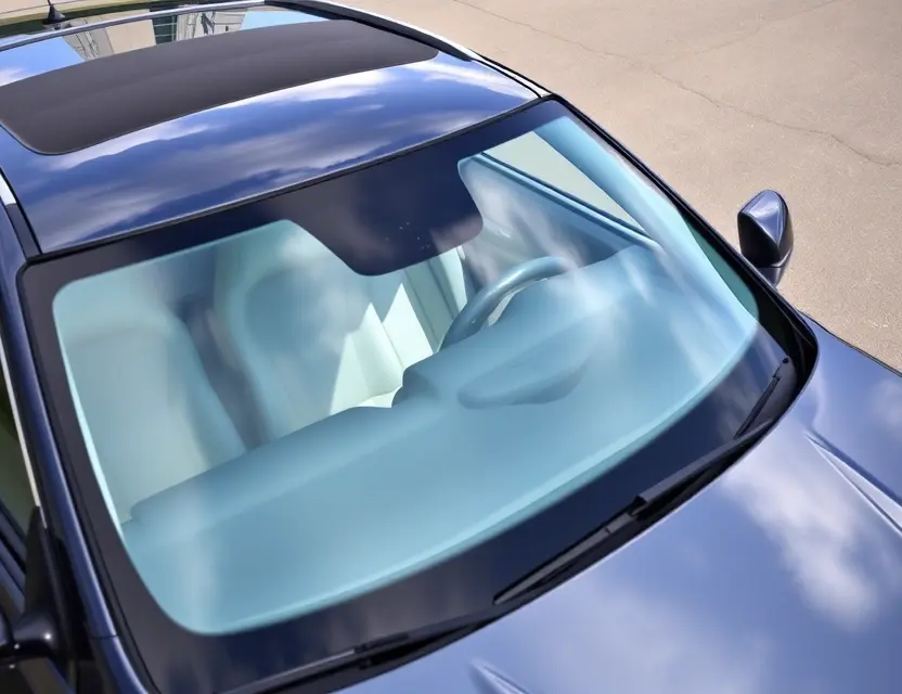 A Maserati Levante with a replaced windshield, showcasing the new glass. The car is parked on a clean, bright asphalt surface. Focus on the clarity and quality of the replacement windshield.