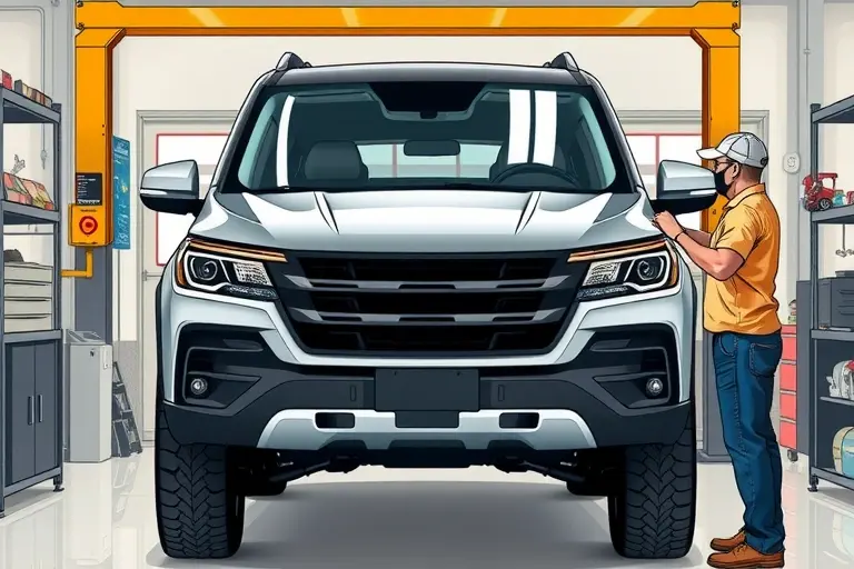 A realistic illustration of a mechanic in a workshop replacing the windshield of a 2021 Tank 300 3.0 V6 Turbo 348 hp SUV. The vehicle is on a lift, the old glass is being removed, and a new clear windshield is being fitted. Tools, safety gear, and a clean garage background are visible, with focus on the car's front and the mechanic's hands.