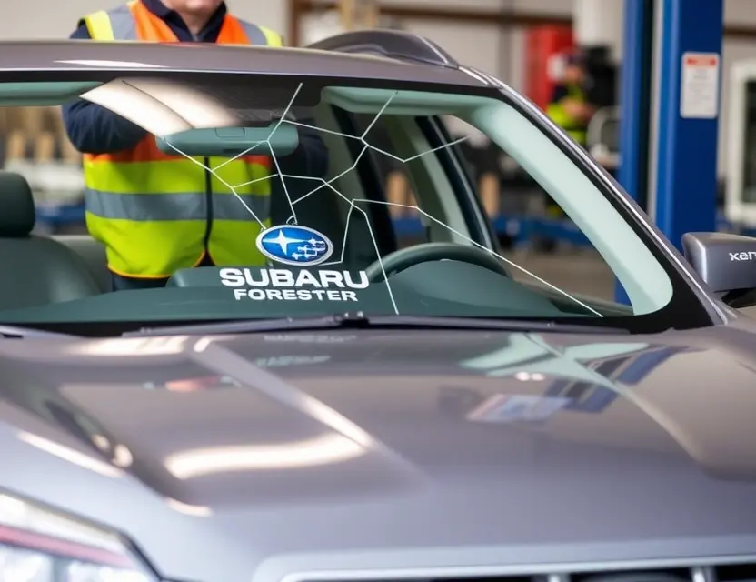A Subaru Forester with a cracked windshield being replaced by a mechanic. The mechanic is wearing a safety vest and gloves. The replacement windshield is being installed. Focus on the replacement process.