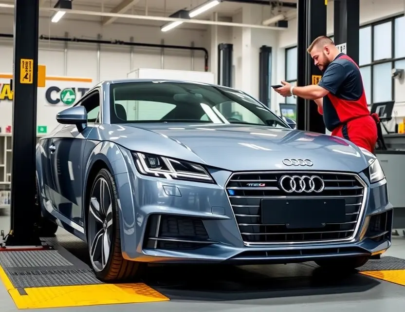 A high-quality, realistic image of an Audi TT car with its windshield being replaced by a technician in a professional auto glass shop. The scene shows the car elevated on a lift, the old windshield removed, and a new clear glass panel being carefully installed. The background features a clean, well-lit garage with automotive tools and safety equipment. The focus is on the car's sleek design and the precision of the installation process.