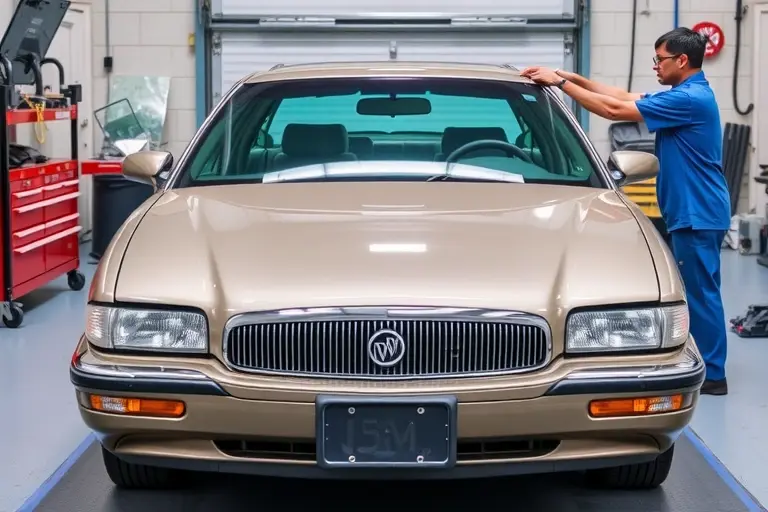 A detailed, realistic scene of a Buick Park Avenue 3.8 Supercharged (240 hp) parked in a workshop, with a technician carefully removing the old windshield and preparing to install a new one. The focus is on the car's front end, showing the sleek body lines, the distinctive grille, and the open windshield frame ready for replacement. The workshop environment includes tools, a glass handling rack, and a clean, well-lit atmosphere, emphasizing the precision of the windshield replacement process.