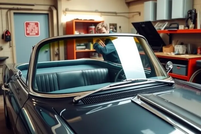 A classic 1965 Chevrolet 350 horsepower Iso Grifo 5.4 V8 car with a newly installed windshield, shown in a garage setting with a mechanic working on the windshield, tools and car parts visible, no text or digits