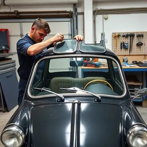 A mechanic in a garage carefully removing an old windshield from an Autobianchi Bianchina 0.5 L R2 17 hp car and installing a new one, with the car's front visible, the windshield glass, tools, and a workbench in the background.