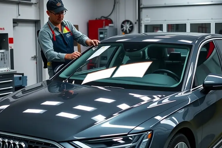 A realistic scene of a modern garage where a mechanic in safety gear is carefully removing and installing a windshield on a 2017-2020 Audi A8 4.2 V8 TDI, showing the car's sleek profile, the cracked old windshield being taken away, and a brand-new glass positioned ready for fitting, with professional tools and a clean workshop environment