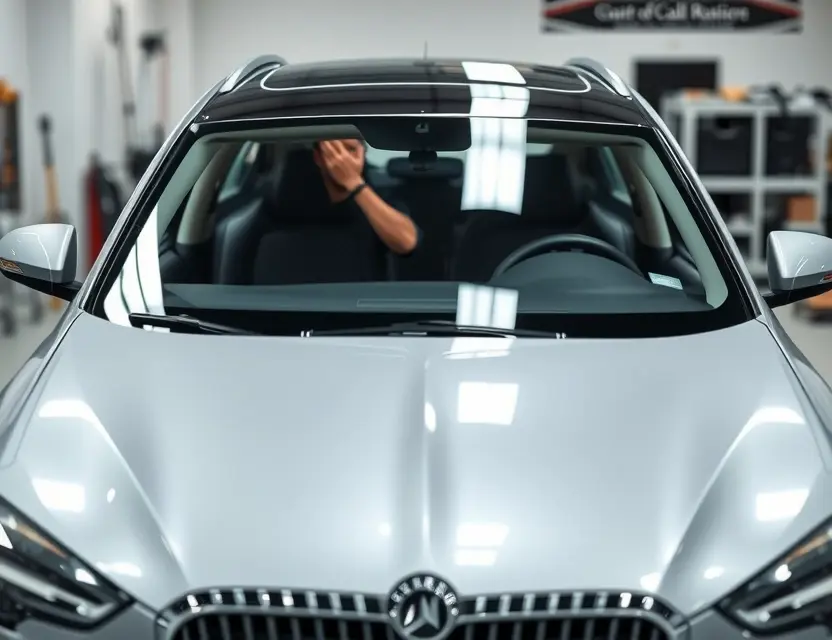 Замена лобового стекла Noble A high-quality image of a Noble car's front windshield being replaced, showing a mechanic installing a new glass pane, with clean professional workshop background, realistic lighting, and detailed car model
