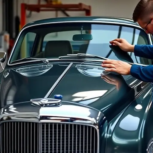 A realistic close-up of a mechanic replacing the windshield of a classic Bentley R Type Continental, showing the front of the car, the glass panel being removed and installed, the mechanic's hands and tools, with a focus on precision and craftsmanship, no text or lettering in the image