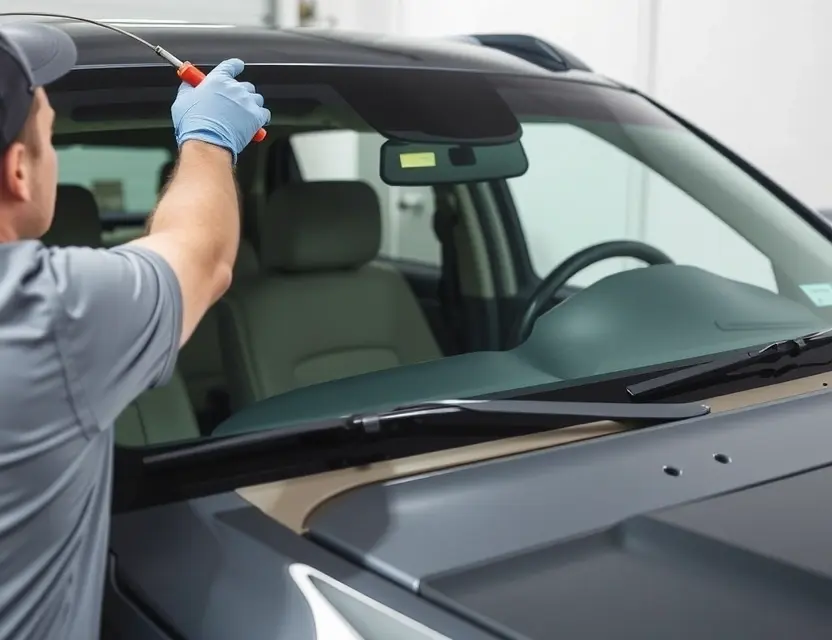 A detailed view of a professional technician replacing the windshield of a GMC Yukon. The technician should be wearing safety gloves and using appropriate tools. The car should be parked in a well-lit garage or service bay. The old windshield should be partially removed, and the new windshield should be ready for installation.