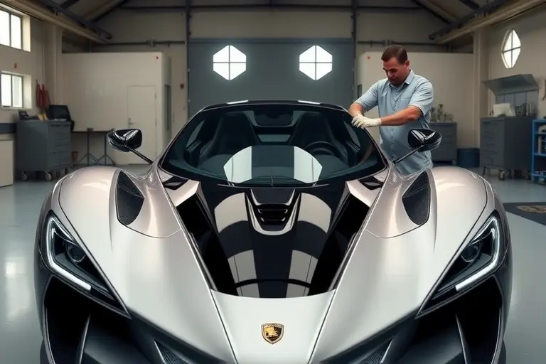 A sleek Apollo Arrow sports car in a clean workshop, with a professional mechanic carefully removing its front windshield, highlighting the car's aerodynamic shape and the glass panel in realistic high-detail rendering