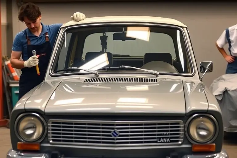 A mechanic replacing the windshield of a LADA Niva Legend 1.7 L 83 hp (1977–present) in a workshop setting, showing the car's front, the old windshield removed, the new windshield being installed, with tools and a protective cover visible.