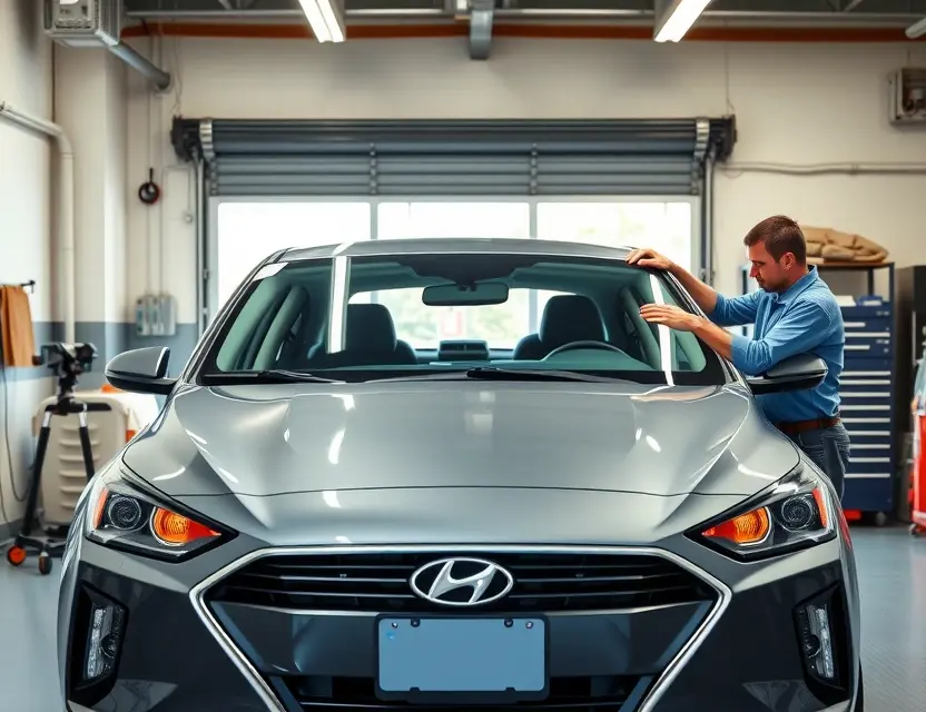 Замена лобового стекла Hyundai Ioniq 5 A professional mechanic replacing the windshield of a Hyundai Ioniq 5 in a well-lit garage. The car should be positioned with the front facing the viewer, and the mechanic should be using appropriate tools and safety equipment. The scene should include the new windshield being carefully installed and the old one being removed.